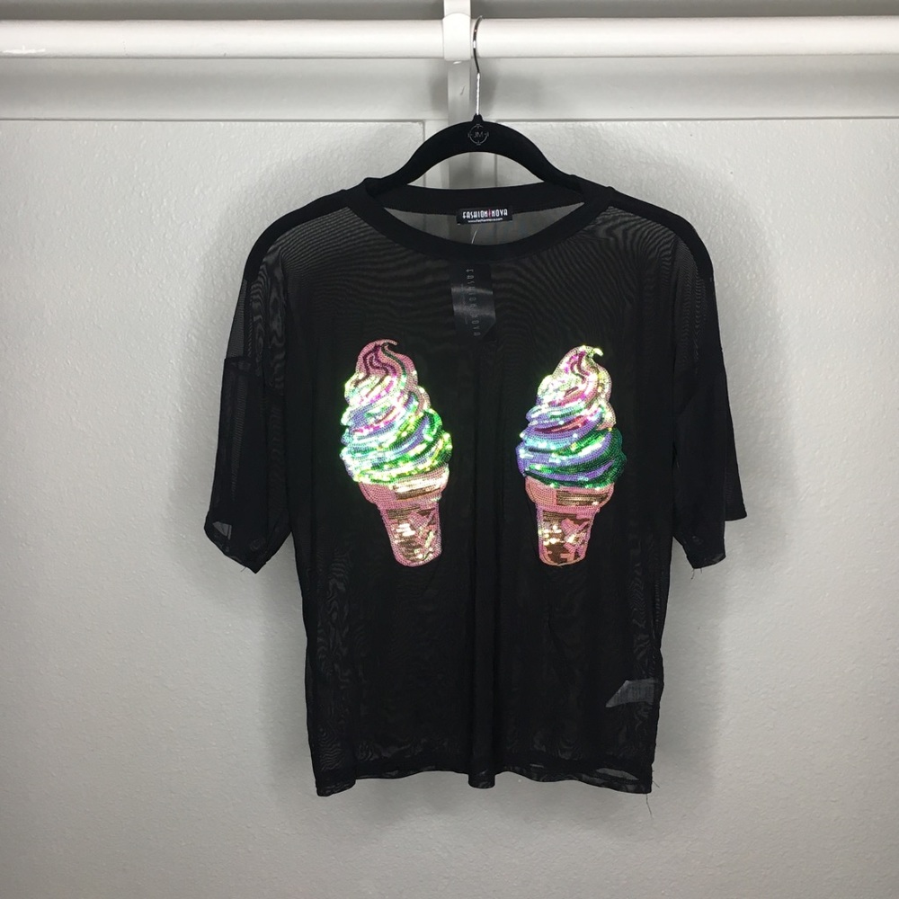 FASHION NOVA sexy sequin ice-cream sheer top, NWT